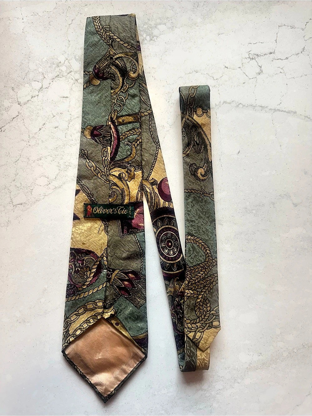 Vintage Oliver’s Tie Men’s Equestrian Baroque Print Necktie Green Gold Burgundy